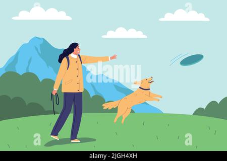 Personnage féminin passant du temps à marcher en plein air avec un chien et jouant disque plat illustration vectorielle d'arrière-plan Illustration de Vecteur