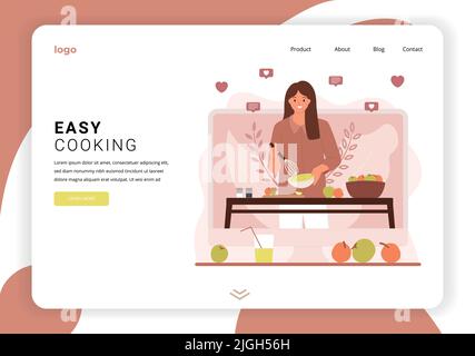 Modèle de site Web de cuisine facile avec image de blogger femelle sur la page d'arrivée et place pour l'illustration de vecteur plat de logo Illustration de Vecteur