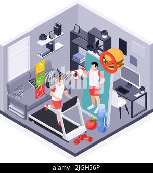 Services en ligne illustration vectorielle isométrique avec entraînement d'homme sur tapis roulant en salle de gym en utilisant la leçon d'entraîneur dans l'application pour smartphone Illustration de Vecteur