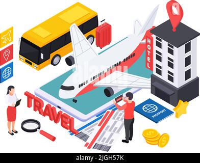 Services de réservation en ligne dans le concept de conception d'affaires touristiques avec smartphone hôtel bus avion Isométrique icônes illustration vectorielle Illustration de Vecteur