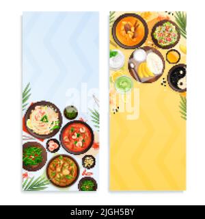 Banderoles verticales traditionnelles de cuisine thaïlandaise décorées de plaques de céramique avec tom yum goong PAD thai kanom jeen plats illustration vectorielle plate Illustration de Vecteur