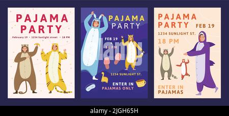 Kigurumi pajama fête cartes d'invitation ensemble dans le style plat avec les gens heureux portant le pyjama sur fond de couleur illustration vectorielle isolée Illustration de Vecteur