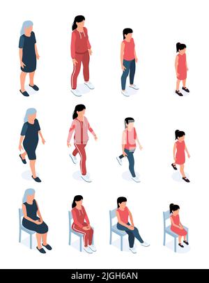 Les femmes générations femmes personnages ensemble de différents âges de bébé à vieux isolé image vectorielle isométrique Illustration de Vecteur