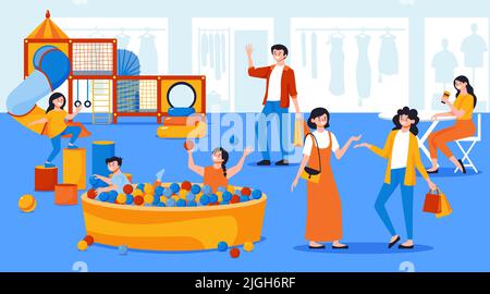 Salle de jeux pour enfants sur fond plat du centre commercial avec illustrations vectorielles pour les parents, les enfants et les membres du personnel Illustration de Vecteur