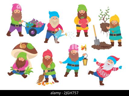 Mignon gnomes ensemble plat avec des personnages isolés de nains portant des chapeaux colorés costumes faisant des travaux de jardinage illustration vectorielle Illustration de Vecteur