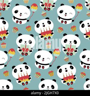 Kawaii panda anniversaire vecteur sans couture motif arrière-plan. Toile de fond mignonne avec des ours de dessin animé riant tenant des gâteaux, des ballons, des cupcakes. Sexe neutre Illustration de Vecteur