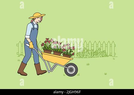 Femme heureuse jardinière en uniforme avec chariot à roues faisant des travaux en plein air. Souriante femme jardinant planter des fleurs à l'extérieur. Environnement et concept de passe-temps. Illustration vectorielle. Illustration de Vecteur