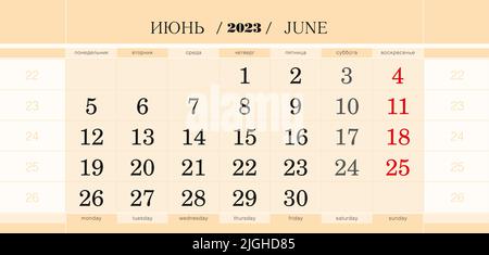 Calendrier trimestriel bloc pour 2023 ans, juin 2023. Calendrier mural, anglais et russe. La semaine commence le lundi. Illustration vectorielle. Illustration de Vecteur