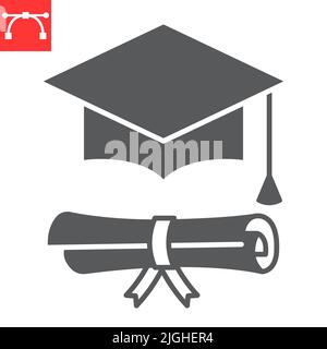 Icône de glyphe de chapeau de graduation et de diplôme, école et éducation, icône de vecteur de chapeau de graduation, graphiques vectoriels, signe plein de trait modifiable, eps 10. Illustration de Vecteur