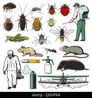 Les agents de lutte contre les ravageurs, les insectes et les animaux esquisent des icônes. Exterminateur en costume de noisette, pulvérisation de pesticides avion et homme, puce, punaise et cafard, moustique, mouche et tique, criquet, rat et mole, ant Illustration de Vecteur