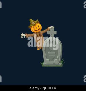 Une bande dessinée avec tête de citrouille donne la pierre tombale sur le cimetière. Vecteur isolé Creepy Halloween Eerie caractère sur vieux craqué pierre tombale avec croix. Tombe en pierre et personnage effrayant automne Illustration de Vecteur