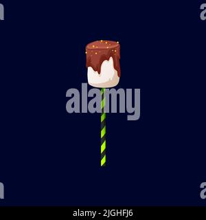 Sucreries de guimauve sucrées en glaçage au chocolat sur un dessert de nourriture de dessin animé isolé de bâton à rayures. Friandises ou friandises pour Halloween Vector confiserie, bonbons de Noël, lallipop caramel ou confiserie à mâcher Illustration de Vecteur