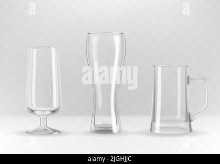 Ensemble vectoriel de verres à bière, de mugs et de gobelets transparents au réalisme photographique. Illustration de Vecteur