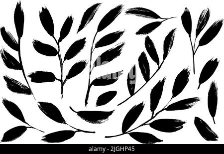 Branches de plantes avec ensemble de vecteurs de feuilles noires. Illustration de Vecteur