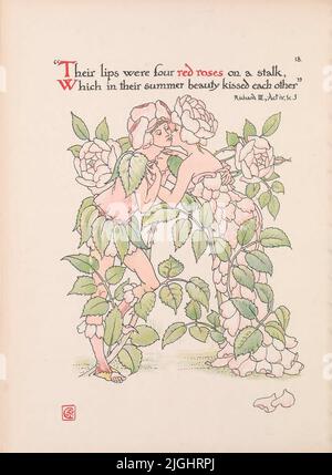 Leurs lèvres étaient quatre Roses rouges sur une tige, qui dans leur beauté d'été s'embrassaient les uns les autres [ Richard III acte IV scène 3 ] du livre ' fleurs du jardin de Shakespeare : une posy des pièces ' illustré par Walter Crane, 1845-1915; Basé sur William Shakespeare, 1564-1616 Date de publication 1909 Éditeur [Londres] : Cassell & Co., Ltd Banque D'Images