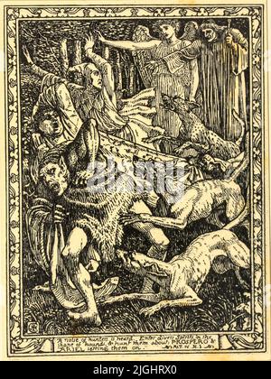 Un bruit de chasseurs est entendu. Entrez les esprits plongeurs en forme de huits et chassez-les au sujet de: Prospero et Ariel les mettant sur. [Act 4 Scene I] illustrations de la tempête de Shakespeare par Walter Crane, 1845-1915; gravé par Duncan C Dallas, Date de publication 1894 Editeur Londres : J. M. Dent ; Boston : Copeland & Day Banque D'Images