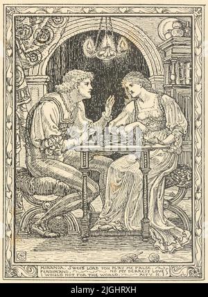 Miranda - Sweet lord. You play me false; Ferdinand - non mon amour le plus cher, je ne voudrais pas pour le monde [Act 5 scène I] illustrations du Tempest de Shakespeare par Walter Crane, 1845-1915; gravé par Duncan C Dallas, Date de publication 1894 Editeur Londres : J. M. Dent ; Boston : Copeland et jour Banque D'Images