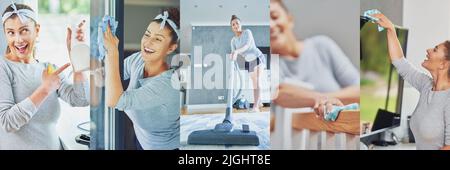 Collage de photos de la maison de nettoyage de la jeune femme Banque D'Images