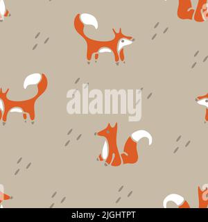 Motif vectoriel sans couture avec renard dessiné à la main sur fond gris. Papier peint animal simple pour les enfants. Textile de mode sauvage. Illustration de Vecteur