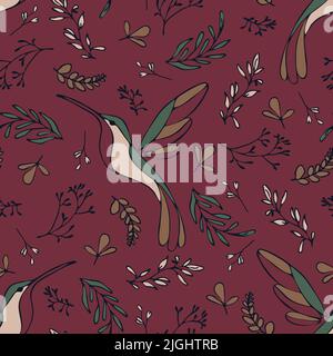 Motif vectoriel sans couture avec magnifique colibri sur fond rouge foncé. Papier peint oiseau tropical simple. Textile décoratif de mode vintage. Illustration de Vecteur