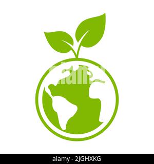Symbole vert plante terrestre. Concept de conservation de l'environnement. Planète et feuilles. Bande dessinée Eco World. Action écologique mondiale. Vecteur de neutralité carbone Illustration de Vecteur