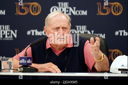 Jack Nicklaus lors d'une conférence de presse sur une journée d'entraînement au Old course, St Andrews. Date de la photo: Lundi 11 juillet 2022. Banque D'Images