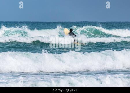 Surfeurs dans l'eau sur les vagues de la mer Méditerranée. Banque D'Images