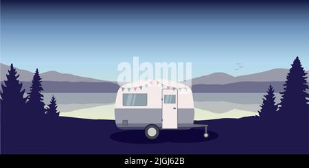 aventure de camping de wanderlust dans la nature sauvage avec campeur au bord du lac Illustration de Vecteur