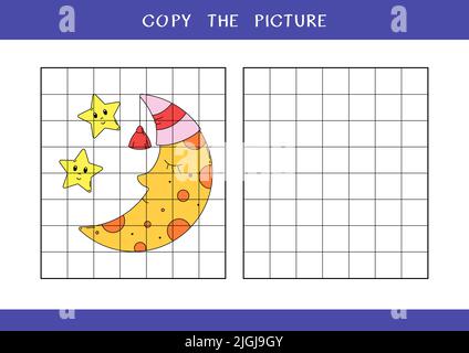 Copiez la photo de la jolie lune en chapeau de nuit et étoiles. Jeu éducatif simple pour les enfants. Feuille de travail Vector Banque D'Images