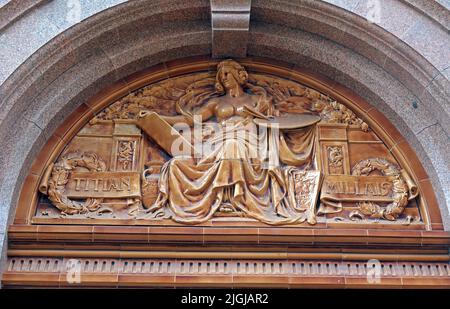 Midland Hotel Manchester Frieze céramique émaillée en terre cuite, peinture, par Titien et Millais, 16 Peter St, Manchester, M60 2DS Banque D'Images