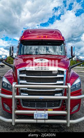 La calandre et le garde-calandre d'un semi-camion rouge Freightliner ...