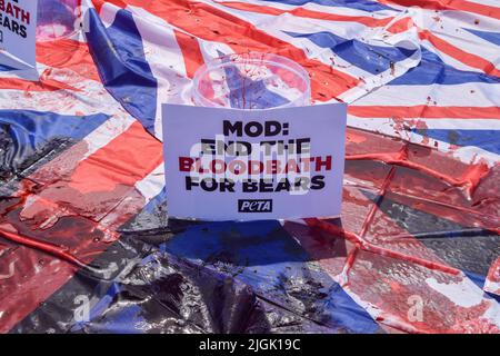 Londres, Angleterre, Royaume-Uni. 11th juillet 2022. Un message pour le ministère de la Défense se trouve sur les Jacks de l'Union couverts de faux sang. Des militants du PETA portant des costumes de la Garde de la Reine, recouverts de faux sang et debout sur des Union Jacks tachés de sang, ont organisé une manifestation contre l'utilisation de peaux d'ours dans les casquettes de la Garde de la Reine sur le pont de Westminster à l'extérieur du Parlement. Actuellement, le MOD utilise la fourrure d'ours réel pour faire les chapeaux, et il faut un ours pour faire seulement un chapeau. PETA a aidé à mettre au point une alternative convenable en fausse fourrure, que le MOD a jusqu'à présent refusé d'utiliser. (Image de crédit : © Vuk Valcic/ZUMA Press Wire) Banque D'Images