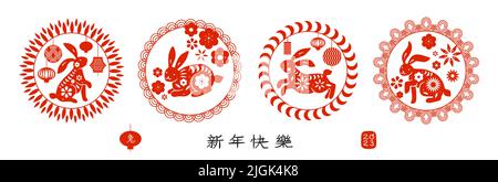 Lapins de zodiaque chinois ronds. Horoscope 2023 nouvel an animal. Compositions encadrées de cercles. Badges de fête de l'Orient. Éléments traditionnels décoratifs rouges Illustration de Vecteur