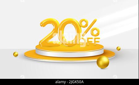 20 % de réduction. 3D symbole bonus de vingt pour cent sur une scène de podium. Bannière de vente ou affiche. Illustration vectorielle. Illustration de Vecteur