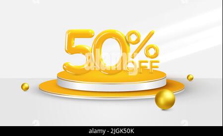 50 % de réduction. 3d symbole bonus de cinquante pour cent sur une scène de podium. Bannière de vente ou affiche. Illustration vectorielle. Illustration de Vecteur