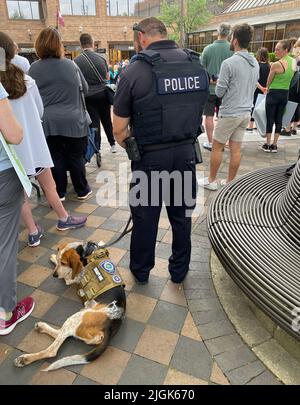 Highland Park, Illinois, États-Unis. 11th juillet 2022. Des gens, y compris un policier, se rassemblent lundi 11 juillet 2022 dans le centre-ville de Highland Park, Illinois, près de la scène du défilé du 4th juillet de fusillade de masse qui a tué sept personnes et blessé plusieurs dizaines d'autres. Des minutes de silence ont été observées là-bas et dans les communautés voisines à 10 h 14, heure de la fusillade. Sept chaises commémorant les victimes sont entourées d'hommages floraux. (Credit image: © Mark Hertzberg/ZUMA Press Wire) Credit: ZUMA Press, Inc./Alay Live News Banque D'Images