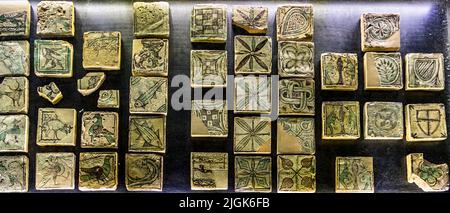 Des tuiles de sol médiévales individuelles portant des motifs d'animaux et héraldiques incisés sont disposées en rangées dans une vitrine du Palais papal d'Avignon, en France. Parmi les motifs visibles figurent des oiseaux, un poisson et un blason héraldique. Banque D'Images