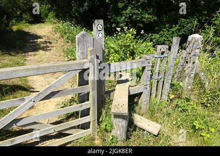 Un piquet sur le sentier de grande distance de WealdWay près de Withyham, au sud-est de l'Angleterre. Le sentier commence à Gravesend et se termine à Eastbourne. Banque D'Images