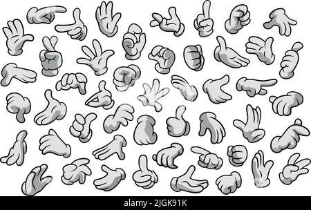 Retro Cartoon gants les mains gestes. Mains de dessin animé avec gants Icon Set isolé. Vector Clipart - parties du corps, bras en gants blancs. Mouvement de la main Illustration de Vecteur