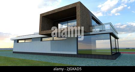 Design exclusif d'une maison de campagne avec une terrasse spacieuse contre un ciel nuageux. 3d rendu. Pertinent pour les concepteurs explorant les tendances dans la conception de maison. Banque D'Images