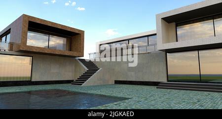 Design exclusif d'une maison de campagne. Finition de carreaux de béton et de briques. Des escaliers du deuxième étage mènent directement à la piscine. 3d rendu. Banque D'Images