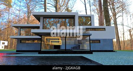 Luxueuse maison de trois étages de haute technologie dans la forêt d'automne. La fenêtre en miroir reflète la maison voisine. 3d rendu. Banque D'Images