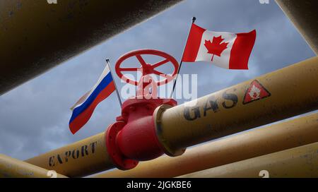 Tuyau de gaz de la Russie au Canada, valve sur le principal gazoduc de la Russie, concept des sanctions, 3D travaux et 3D images Banque D'Images