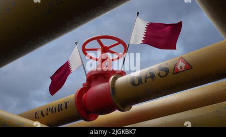 Valve sur le principal gazoduc Qatar, Pipeline avec drapeaux Qatar, tuyaux de gaz du Qatar, exportation de gaz par Qatar, 3D travaux et 3D image Banque D'Images