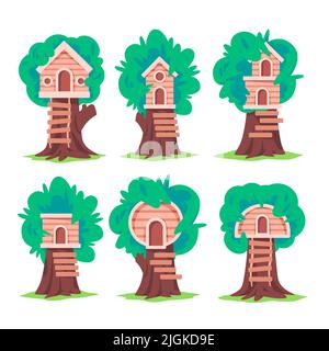 Maison d'arbre en bois avec des escaliers d'enfance activités de plein air ensemble de collection de vecteur graphique Illustration de Vecteur