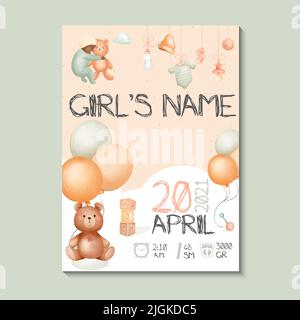 Affiches pour filles, taille, poids, date de naissance. Ours en peluche, ballon et substance pour bébé vert, illustration vectorielle sur fond blanc. Illustration Illustration de Vecteur