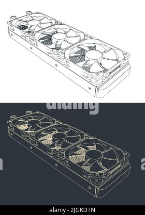 Illustrations vectorielles stylisées d'un système de refroidissement de liquide informatique à trois sections Illustration de Vecteur