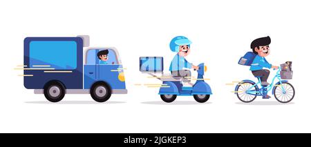 Service de livraison en ligne camion moto et vélo concept du système de suivi des commandes et livraison rapide de couleur bleue Illustration de Vecteur
