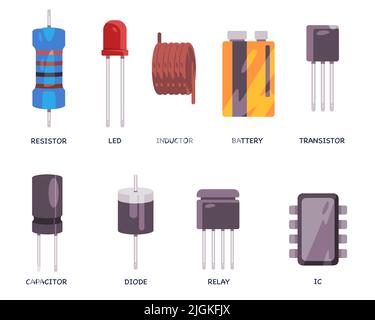 Le composant électrique de base est constitué d'une inductance de résistance et d'une illustration d'icône plate de conception de transistor Illustration de Vecteur