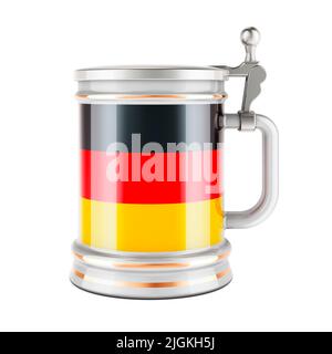 Mug à bière avec drapeau allemand, 3D rendu isolé sur fond blanc Banque D'Images